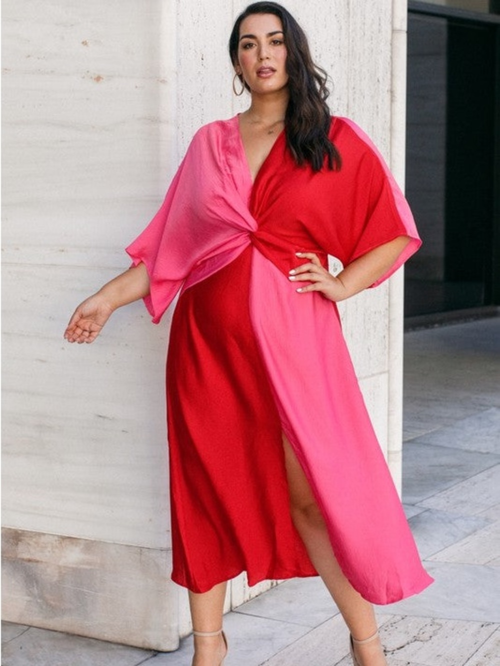 ODDI Colorblock Twist-Front Midi Dress in Red and Pink